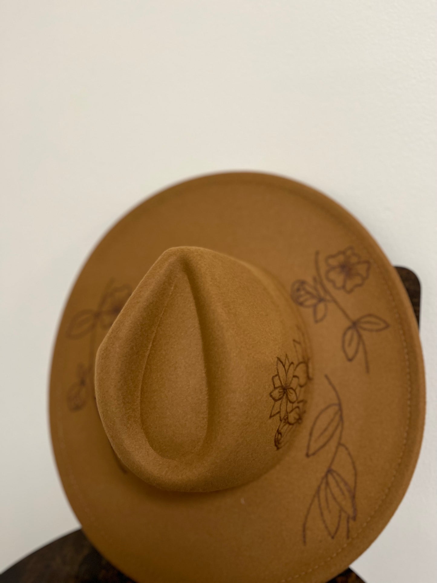 Wildflower & Vines | Wide Brim Hat | Rancher Hat | Burned Hat - Brown