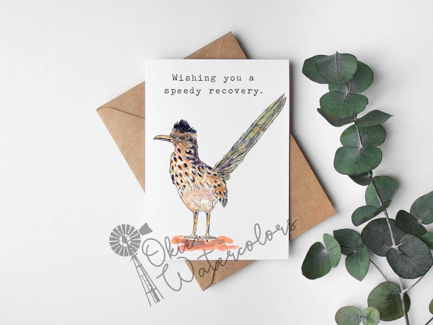 Okie Watercolors - Road Runner "Wishing You A Speedy Recovery." 5x7" Card