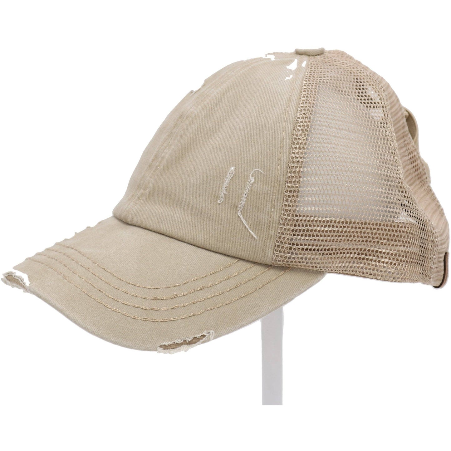 Beige Washed Denim Criss Cross High Pony CC Ball Cap