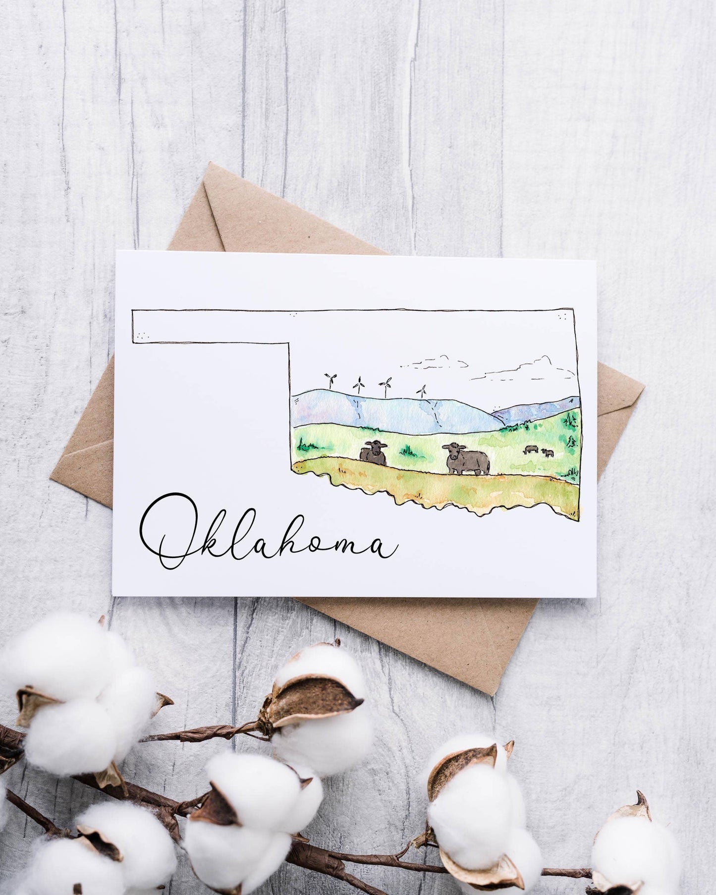 Okie Watercolors - Oklahoma State Hills w/ Windmills, 5x7" Greeting Card (Copy)