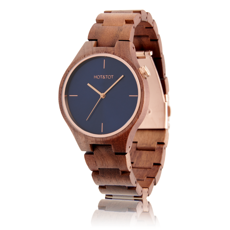 NEW BIXIE | Walnut wood watch | Rose gold | Blue dial | 40mm