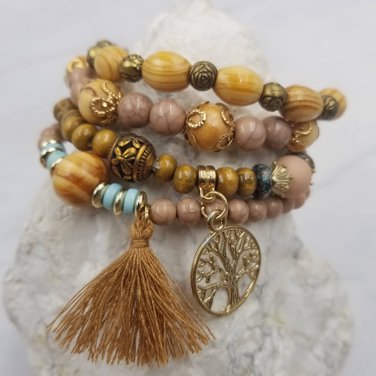 Tree Of Lift Wood Beads Layer Stacking Bracelet - Set of 4