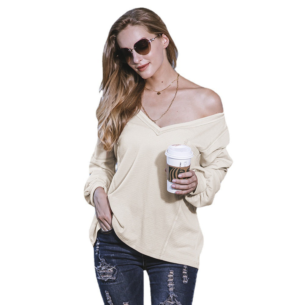European And American V-neck Pullover Solid Color Stitching Women's Base Shirt Top