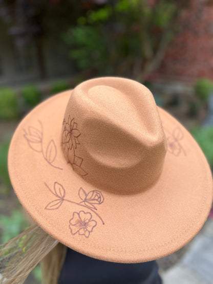 Wildflower & Vines | Wide Brim Hat | Rancher Hat | Burned Hat - Brown