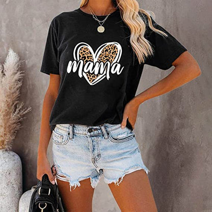 Leopard Print Love MAMA Mother's Day T-shirt Holiday Outdoor Leisure Pure Cotton