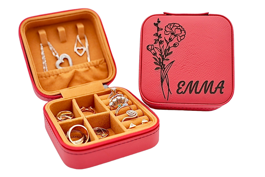 Leather Jewelry Case Birth Month Flower Engraved Jewelry Box