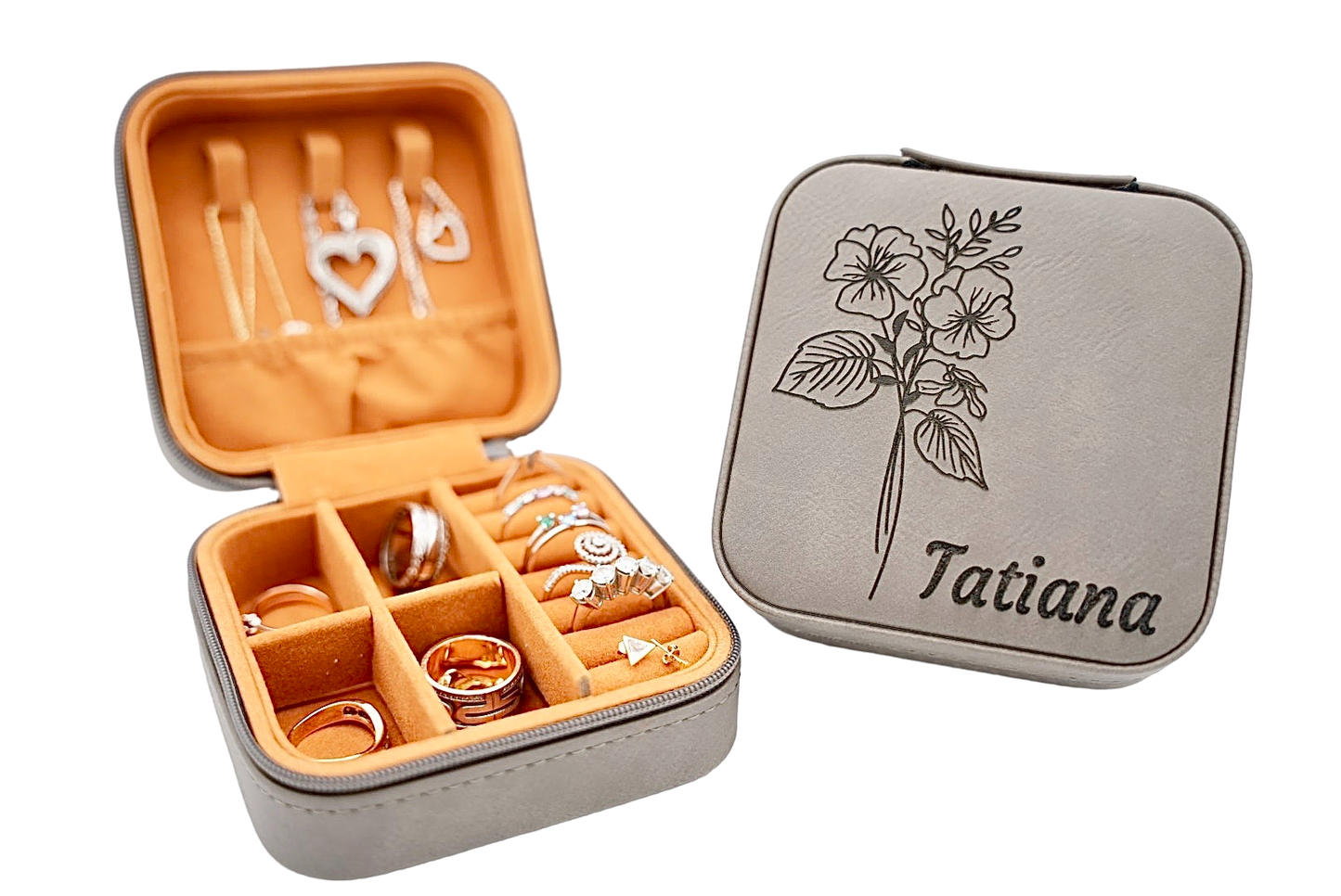 Leather Jewelry Case Birth Month Flower Engraved Jewelry Box