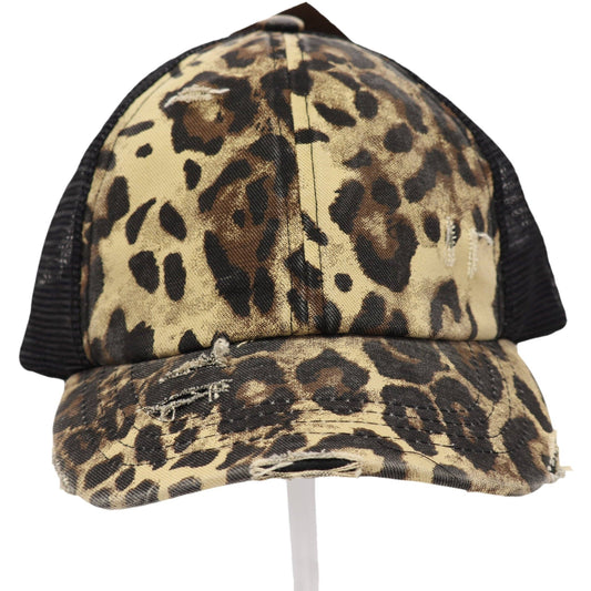 Leopard / Black Washed Denim Criss Cross High Pony CC Ball Cap