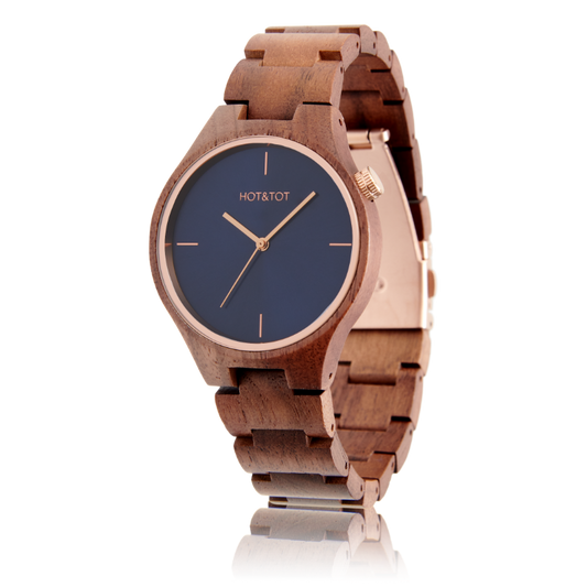 NEW BIXIE | Walnut wood watch | Rose gold | Blue dial | 40mm