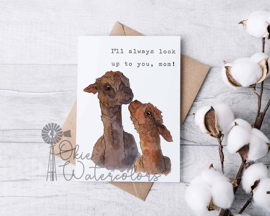 Okie Watercolors - Adorable Alpacas "I'll always look up to you, mom!" Card