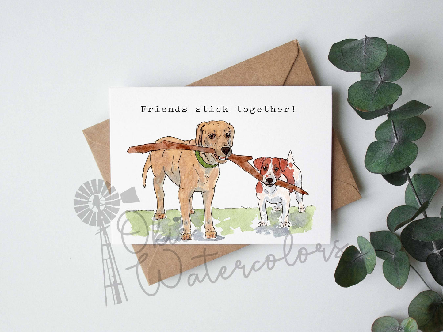 Okie Watercolors - Two Dogs with Stick "Friends stick together." Greeting Card