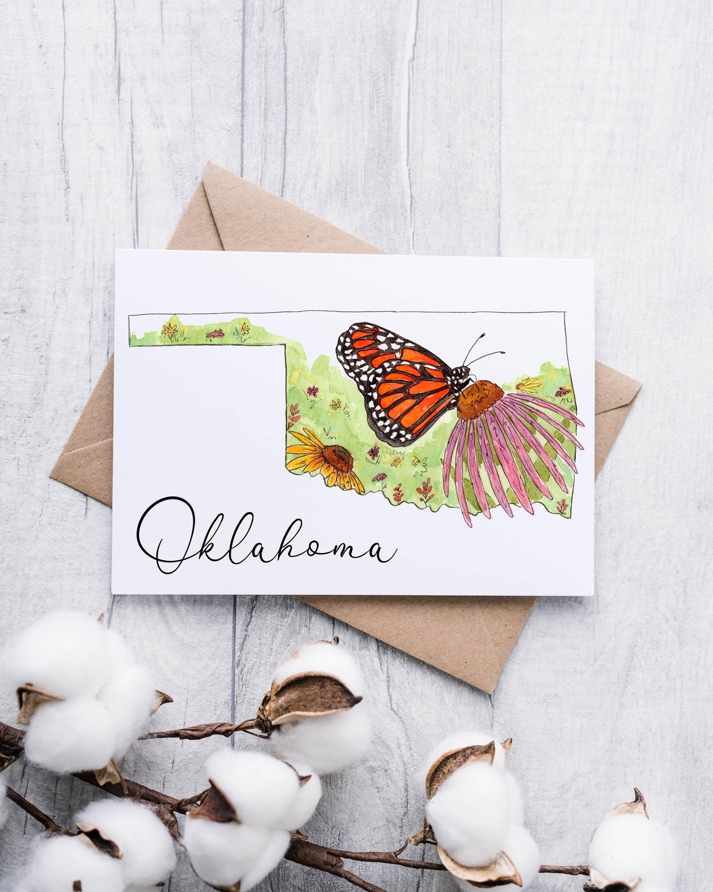 Okie Watercolors - Oklahoma State Monarch Butterfly, 5x7" Greeting Card