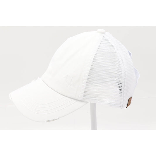 White Washed Denim Criss Cross High Pony CC Ball Cap