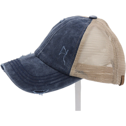 Navy / Beige Washed Denim Criss Cross High Pony CC Ball Cap