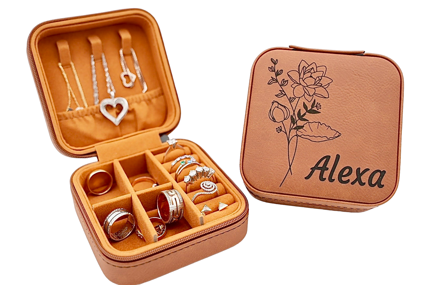 Leather Jewelry Case Birth Month Flower Engraved Jewelry Box